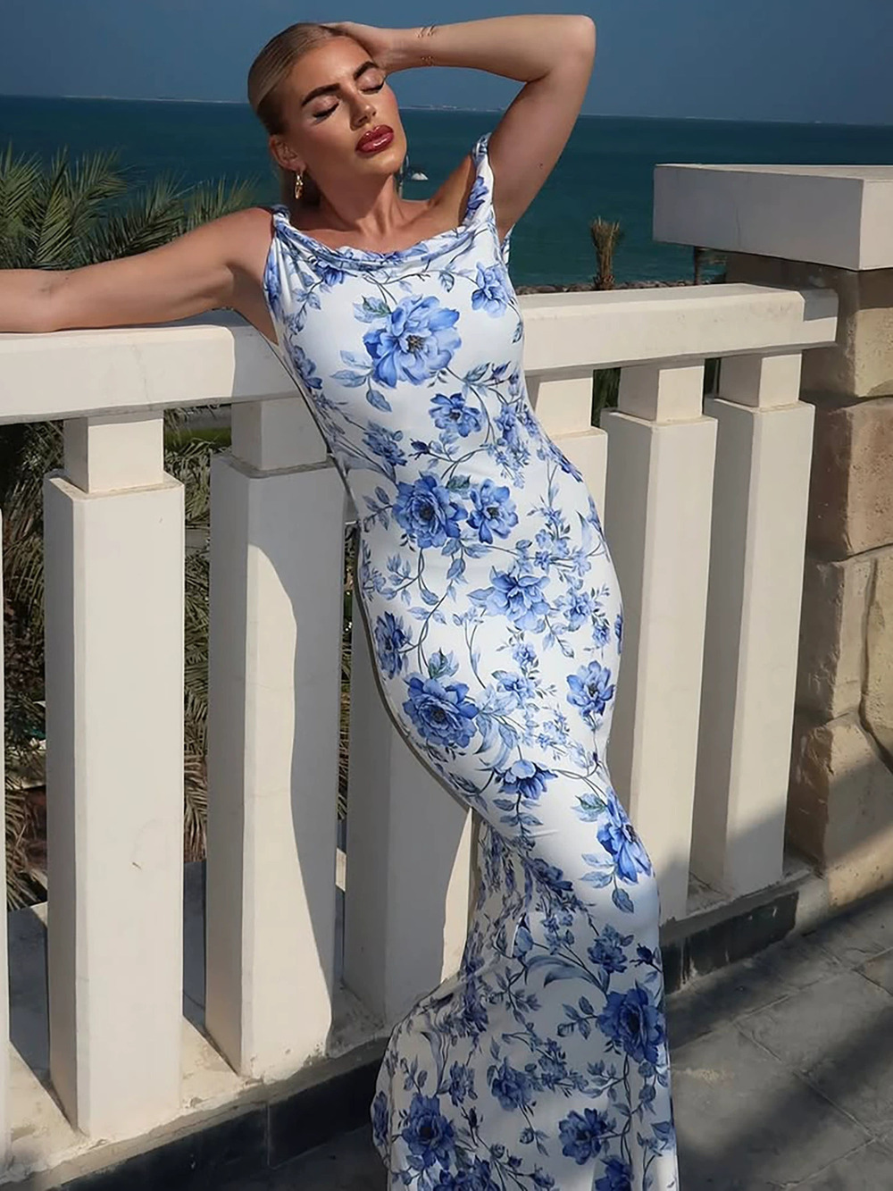 ZARA Floral Print One Shoulder Twist Knot Slim Fit Maxi Dress